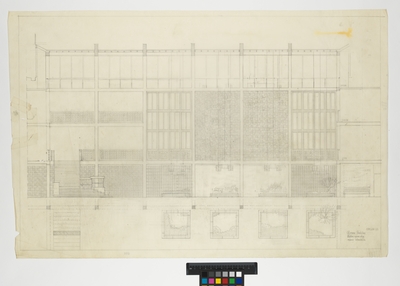 Kiruna stadshus.
Hallens norra vägg, vägguppställning.
Elevation och plan av storhall.
