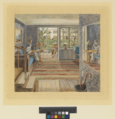 Tävlingsförslag "En dag skall jorden bliva vår", Stockholms stads bostadstävlan 1932.
Illustration av interiör.