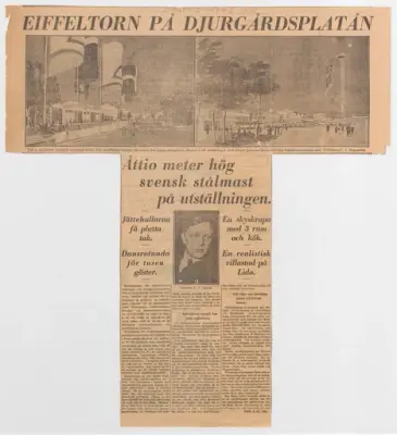 Stockholmsutställningen 1930, tidningsartikel "Eiffeltorn på Djurgårdsplatån"