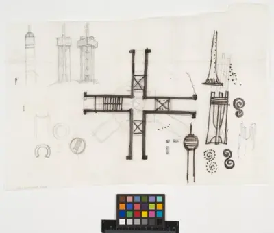 Kaknästornet.
Skiss av tv- och radiotorn.