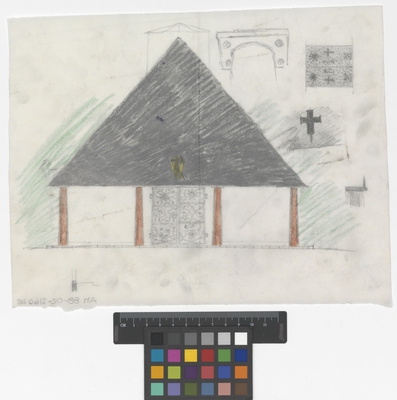 Skogskapellet, exteriör, tak, pelare, entré
Skiss av fasad
Skogskyrkogården