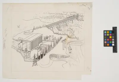 Höljebro kraftverk​.
Illustration och sektion av kraftverk.