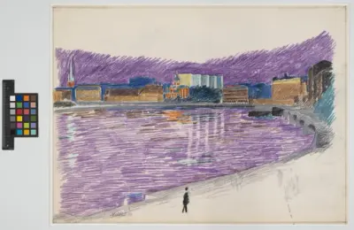 Hötorgscity. Tävling om ljusreklam på höghusens gavlar.
Illustration av Hötorgsskraporna från Skeppsholmen.