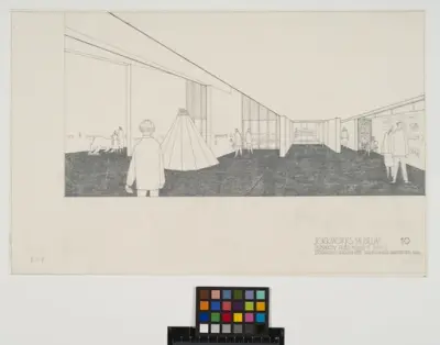 Jokkmokk museum, senare Ájtte, Svenskt fjäll- och samemuseum.
Illustration av utställningsrum.