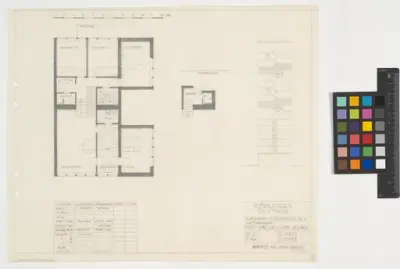 Kvarteret Duggregnet i Björkhagen.
Plan av femrumslägenhet.