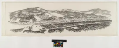 Trångfors kraftverk​.
Illustration av omgivande landskap.