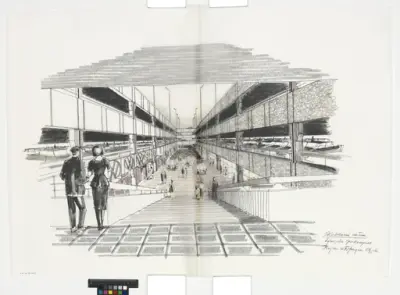 Skärholmens Centrum.
Perspektiv ljusgata parkeringsplan, illustration av parkeringshus.