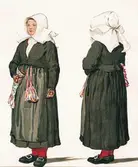 Folkdräkt, högtidsdräkt. Gagnefs socken, Dalarna. Bildtryck efter akvarell av Emelie von Walterstorff. 