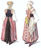 Kvinnodräkt, Östra härad, Blekinge.  Akvarell av Emelie von Walterstorff.