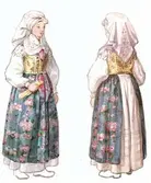 Kvinnodräkt, Jämjö socken, Östra härad, Blekinge.  Akvarell av Emelie von Walterstorff.