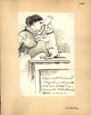 Teckning av Fritz von Dardel. En hund sitter på bakbenen på ett bord och sträcker fram ett paket han bär i munnen mot en kvinna. 