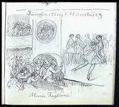 Jungfernstieg i Hamburg. Balettdansösen Marie Taglioni på scen. Tuschteckning av Fritz von Dardel.