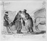 Hästskjuts. Nyaste sort af blåa sedlar. När pengarna togo slut, betalte vi vår skjuts med kappkragen.Teckning av Fritz von Dardel, 1837.