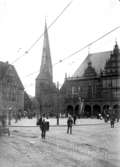 Vy från norra Tyskland, Bremen. Hörn av Rådhuset, Liebfrauenkirche, Kaiser Wihelm I Roland.