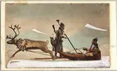 Dräktdockor skulpterade av C A Söderman. Två män i samiska dräkter vid ren och ackja. Handkolorerad.