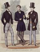 Tre män poserar framför en mur. Bomullstyger med tryckta rutor efterfrågades flitigt i slutet av 1850-talet. Modeplansch, Gentlemen's Magazine, 1853.
