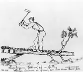 Skogshuggare i arbete. Illustration i en av Nordiska museets frågelistor som visar 