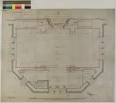 Nordiska Museet. Kaféflygeln. Plan af Våningen 1 tr upp. Kafé. Träparkettgolf. Serveringsrum. Asfaltgolf. Kallskänk..