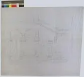 Ritning på väv över Nordiska museets huvudbyggnad. Underlag till No 104 a. Vestibulen.Trappa mellan tredje viloplanet och första galleriet sedd mot vestibulen. Sektion. Vestibulen, stora trappan. 63x72 cm. Blyerts. Linjalritning. Osignerad. 





