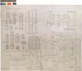 No 173. Nordiska museet. Ritning till fönsterkarmar och bågar i Midtelpartiet.Vägg eller spröjs. Losholz. Droppnäsa. Stendager. Karmdager. Öfverstycke. Lättlucka. Bottenstycke.