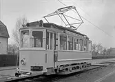 Spårvagn från Upsala Spårvägs AB vid ändhållplatsen på Norrlandsgatan, Uppsala