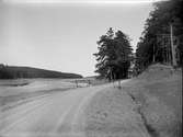 Landskapsvy med väg vid Pustnäs, Danmarks socken, Uppland april 1923