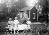 Familj framför sitt fritidshus, sannolikt Uppland 1925. Rabatt med vallmo som gått i frö i förgrunden