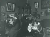Interiörbild av finrum eller salong. Kvinna som ägnar sig åt läsning.