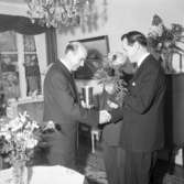 Borgmästare Hugo Westins 50-årsdag den 11 januari 1956. Gratulanter överräcker blommor till honom.