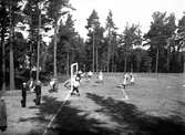 Fotbollsmatch på Hagavallen Jönköping och målvakten har bollen. Åskådarna är få.