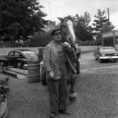 Herr Olle Andersson var åkare med kallades mest Olle Smé, eftersom har var bror till smederna vid Kavlaplan i Huskvarna. Här står han med hästen Fyr, som bl a fick dra Kroatorpet till sin nuvarande plats på Grännavägen i Huskvarna år 1951. Han var den siste som körde yrkesmässigt med häst och vagn i Huskvarna.