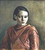 Målning utförd av Teodor Lindbäck, Lindome, 1934. Olja på duk. Porträtt av Britta Hagman, f. Johansson 1914, d. 1963. Tavlan ägs av dottern Britt-Marie Hagman.