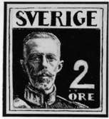 Frimärksförlaga till frimärket Gustav V - en face (rakt framifrån), utgivet 1920.
Valör 2 öre.