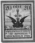 Förslagsritningar till Världspostföreningens och Världspostkongressens frimärken, utgivna 4/7 respektive 16/8 1924, av Nils Erland Heurlin. 1922 års tävling. 
Valör 20 öre.