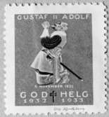 Frimärksförlaga till frimärket Lützen, utgivet 1/11 1932. 
1932-års helgmärke. Olle Hjortzbergs skiss till frimärket Gustaf II Adolf 300-årsminnet 1932, med den i bön knäfallande kungen utkom i något förändrad teckning och i flerfärgtryck, som 1932-års helgmärke.