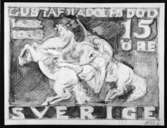 Frimärksförlaga till frimärket Lützen, utgivet 1/11 1932.  Förslagsskiss utförd av Olle Hjortzberg. Valör 15 öre.