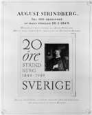 Frimärksförlaga till frimärket August Strindberg, utgivet 22/1 1949. Prov på montering. Huvudsamlingen av svenska frimärken i Postmuseum. Valör 20 öre.