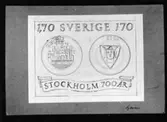 Förslagsteckningar till frimärke Stockholm 700 år, utgivet 17/6 1953. Konstnär: Mark Sylwan. Frimärket med valör 1:70 har motiv av Stockholms äldsta sigill från 1296 och det nuvarande med S:t Erik.
Valör 1:70 kr.