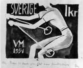 Förslagsteckningar till frimärke VM på skidor, utgivet 13/2 1954. VM hölls i Falun och Åre. Konstnär: Stig Blomberg.
Förslag 2, liggande bild. Anteckning: 