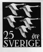 Ej realiserade förslag till frimärken Norden I, Nordens Dag, utgivna 30/10 1956 i de fem nordiska länderna som ett bevis på nordisk samhörighet och nordiskt samarbete. Konstnär: Signe Hammarsten-Jansson. 7. Förslag Sverige.
Valör 25 öre.
