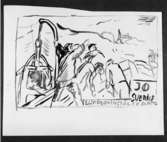 Skisser till frimärket Sjöräddningssällskapet 50 år, utgivet 1/6 1957. Svenska Sällskapet för Räddning af skeppsbrutna bildades den 1/6 1907. Konstnär: Torsten Billman. 
Skiss 