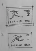 Skisser till frimärket VM i fotboll, utgivet 8/5 1958, av konstnär Tom Hultgren. 1958 års VM i fotboll slutspelades 8 - 29/6 i 12 svenska städer.(I Postmusei samlingar). Skiss alternativ d) till slutgiltig frimärksbild.
