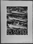 Ej realiserade förslag till frimärke Sjöpost (Sjö- och helikopterpost), utgivet 10/2 1958. Till erinran om de flerhundraåriga sjöpostförbindelserna över Nordatlanten samt helikopterposten i Stockholms skärgård. Konstnär: Harald Lindberg. Förslag signerat 