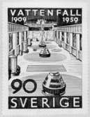 Förslagsritningar - ej antagna - till frimärket Vattenfall 50 år, utgivet 20/1 1959. Konstnär: Tor Hörlin. Förslag. 
Valör 90 öre. 8.
