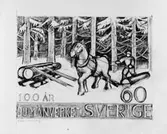 Förslagsteckningar - skisser - till frimärket Domänverket 100 år, utgivet 4/9 1959. Konstnär: Sven Ljungberg. Förslag 