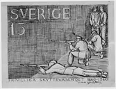 Frimärksförlaga - skissförslag - till frimärket Frivilliga Skytteväsendets 100-årsjubileum, utgivet 30/6 1960, av konstnär Sven Ljungberg. (I Postmusei samlingar). 
Valör 15 öre.