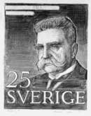 Frimärksförlaga till frimärket Hjalmar Branting, utgivet 23/11 1960. Hjalmar Branting (1860 - 1925), politiker, Nobels fredspris 1921. Konstnär: Harald Sallberg. Originalteckning utförd i blyerts. Valör 25 öre.