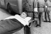 En före detta fånge från ett koncentrationsläger bärs på bår av Röda korsets personal in i Kvarnbyskolan, som då var karantänsförläggning. Man ser Alléns stenläggning, 1945.