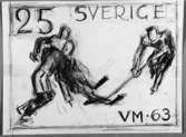 Frimärksförlaga till frimärket VM i ishockey, utgivet 15/2 1963. 1963 års VM i ishockey spelades i Stockholm.
Förslagsteckningar utförda av konstnären Georg Lagerstedt (1892 - ). Förslag 5. Blyertsteckning. Valör 25 öre.