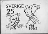 Frimärksförlaga till frimärket VM i ishockey, utgivet 15/2 1963. 1963 års VM i ishockey spelades i Stockholm. 
Förslagsteckningar utförda av konstnären Georg Lagerstedt (1892 - ). Förslag 8. Tuschteckning. Valör 25 öre.